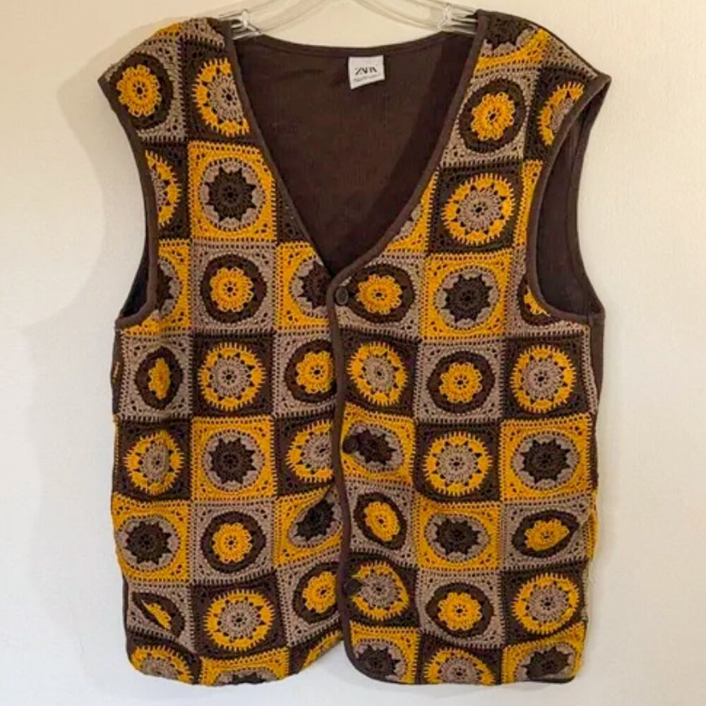 Zara Brown & Yellow Crochet Square Vest. Size S